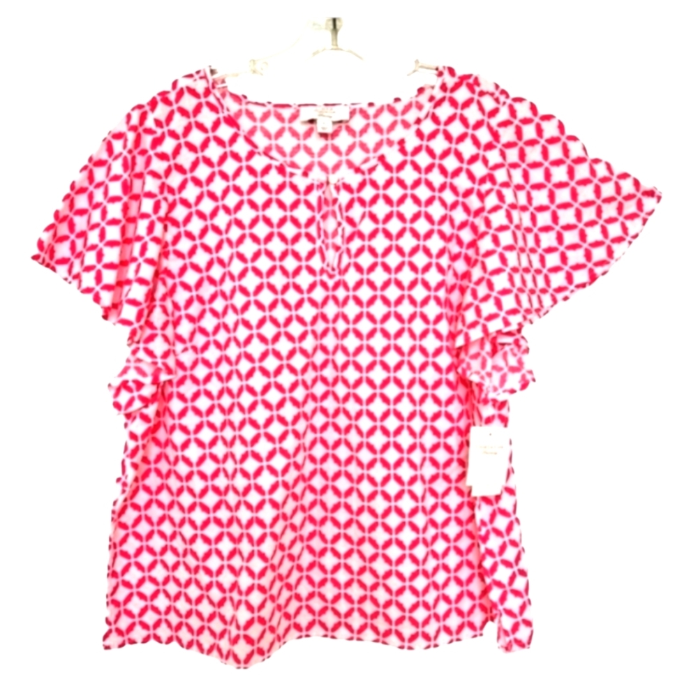 Charter Club Linen Pink and White  Short Flutter Sleeve Blouse Top XL